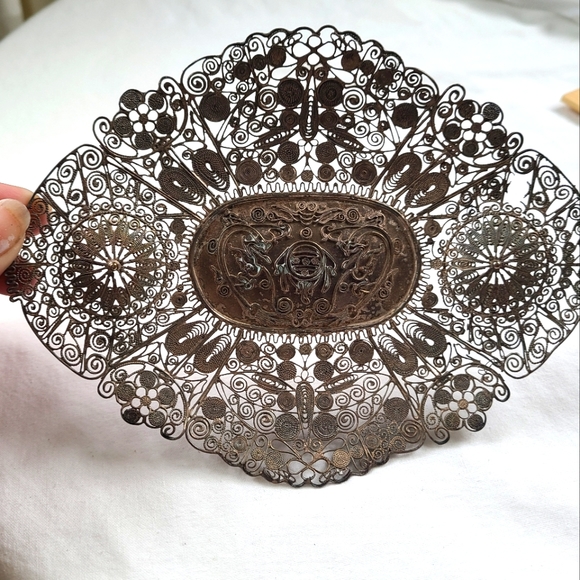 Antique silver filigree tray dish Asian design beautiful wall art wall hanging - Picture 1 of 16